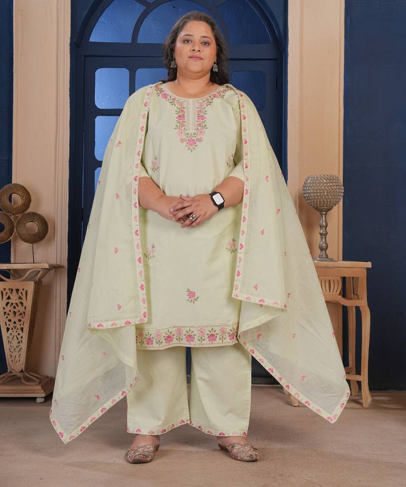 Pista color smart embroidered plus size kurta set for smart girlie looks