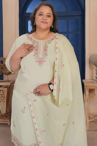 Pista color smart embroidered plus size kurta set for smart looks