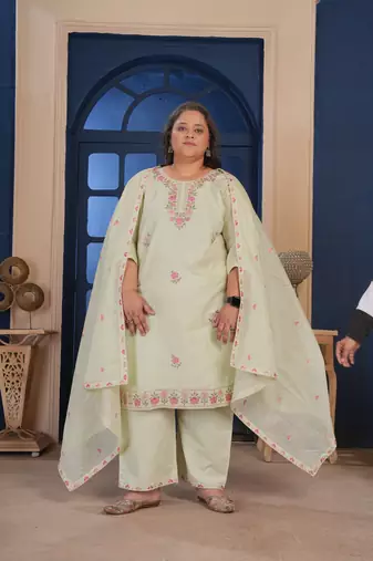 Pista color smart embroidered plus size kurta set for smart looks