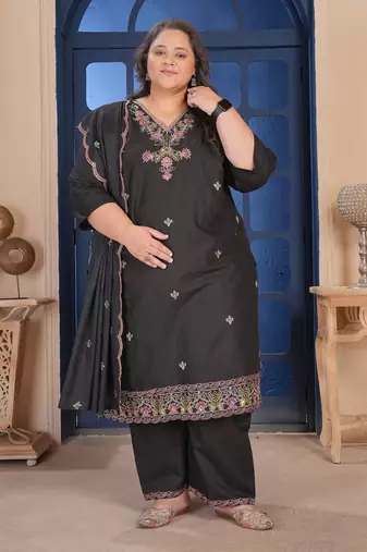 Black color smart embroidered plus size kurta set for smart looks