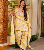 Yellow color cambric cotton fabric designer digital printed stylish girlie kurta set