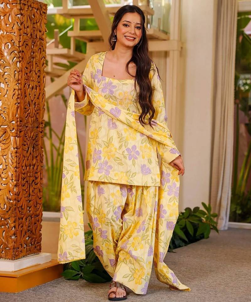 Yellow color cambric cotton fabric designer digital printed stylish girlie kurta set