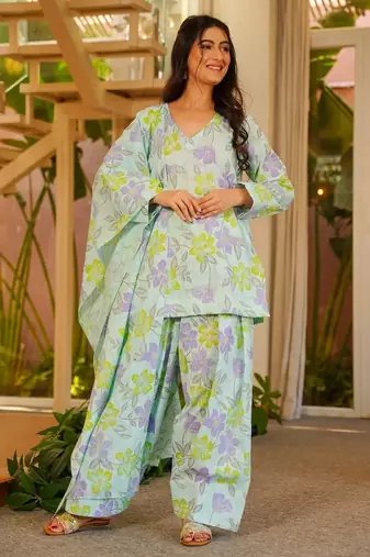Green color cambric cotton fabric designer digital printed stylish girlie kurta set