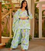 Green color cambric cotton fabric designer digital printed stylish girlie kurta set