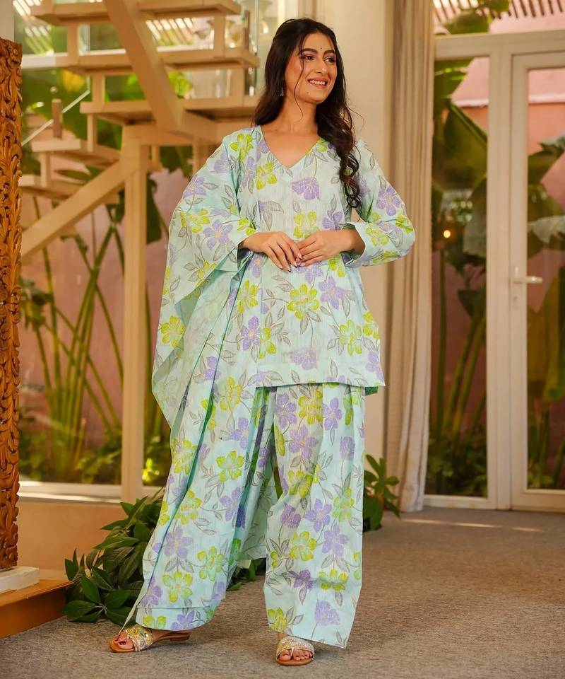 Green color cambric cotton fabric designer digital printed stylish girlie kurta set