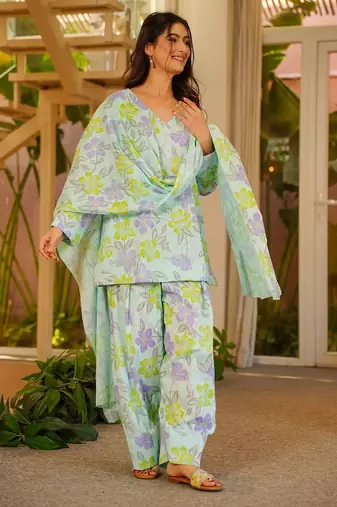 Green color cambric cotton digital printed stylish kurta set