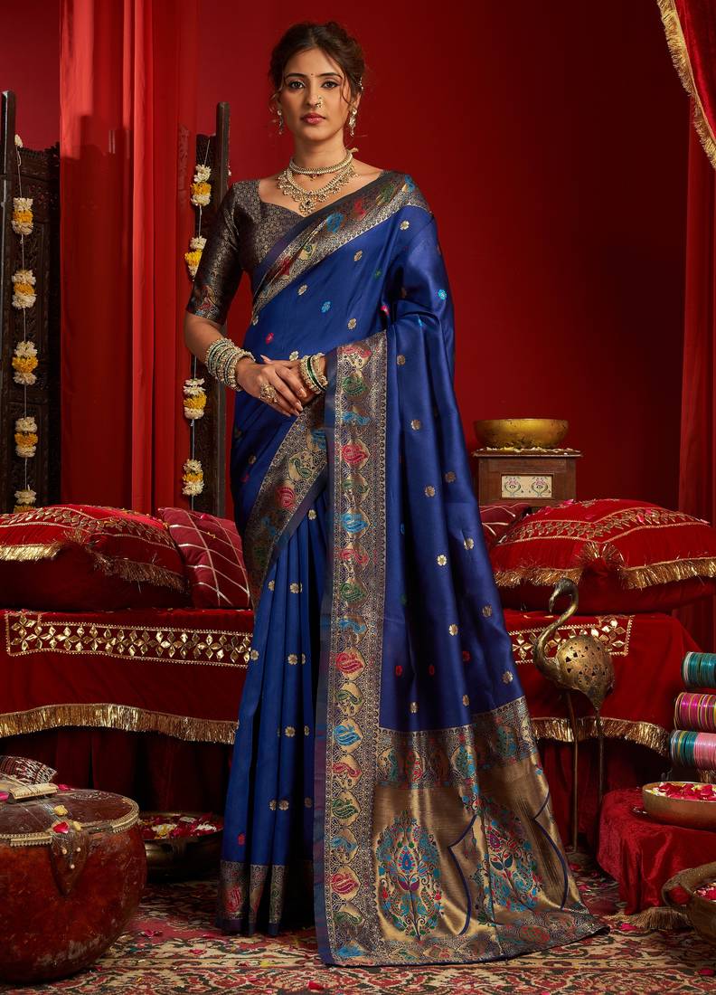 Blue woven paithani silk saree with blouse