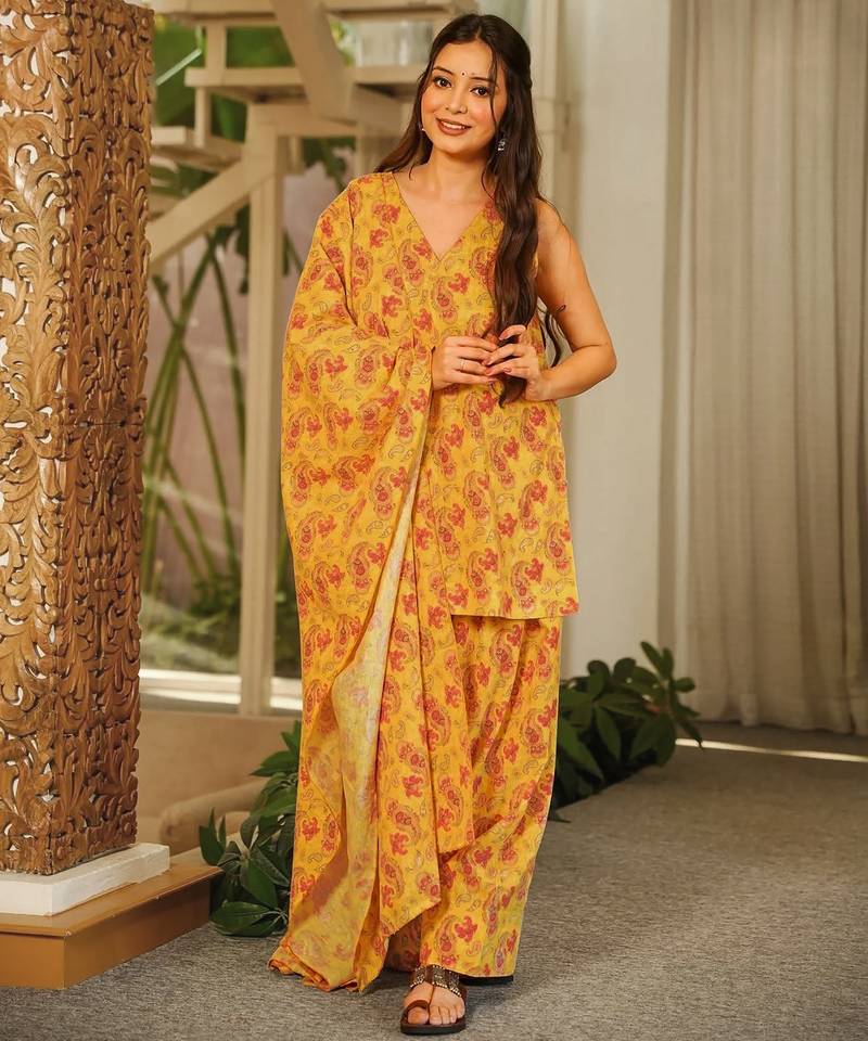 Mustard color cambric cotton fabric designer digital printed stylish girlie kurta set