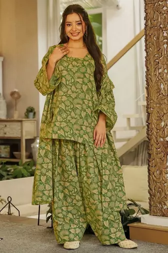 Mahendi color cambric cotton fabric designer digital printed stylish girlie kurta set