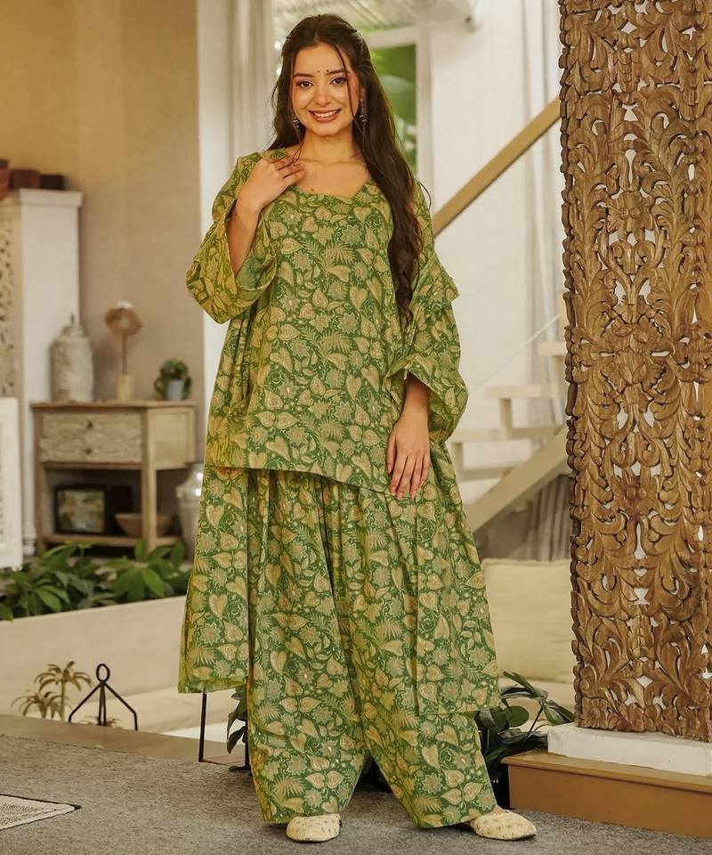 Mahendi color cambric cotton fabric designer digital printed stylish girlie kurta set