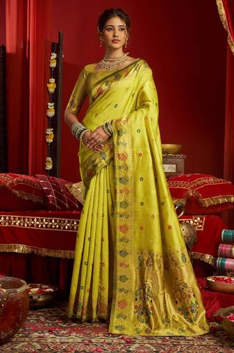 Lime green woven paithani silk saree with blouse