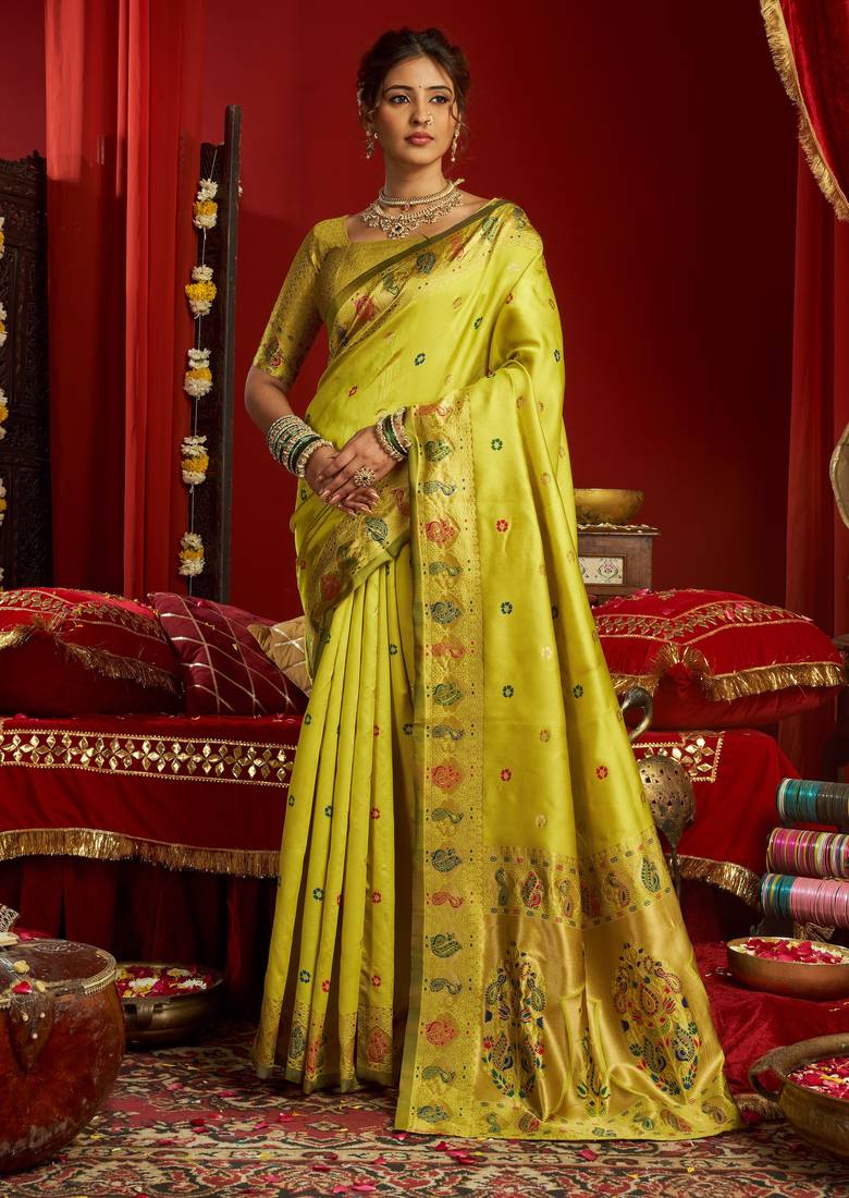 Lime green woven paithani silk saree with blouse