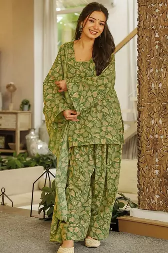 Mahendi color cambric cotton digital printed stylish kurta set