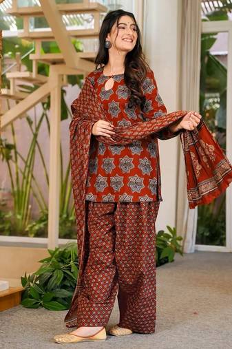 Rust color cambric cotton fabric designer digital printed stylish girlie kurta set