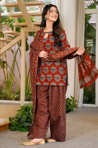 Rust color cambric cotton fabric designer digital printed stylish girlie kurta set