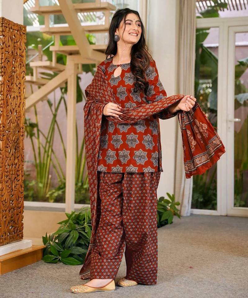 Rust color cambric cotton fabric designer digital printed stylish girlie kurta set