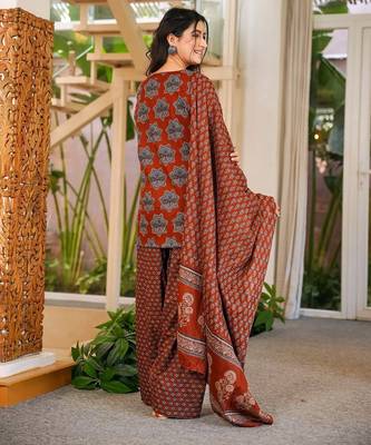 Rust color cambric cotton digital printed stylish kurta set 2