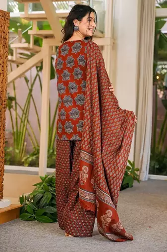 Rust color cambric cotton digital printed stylish kurta set