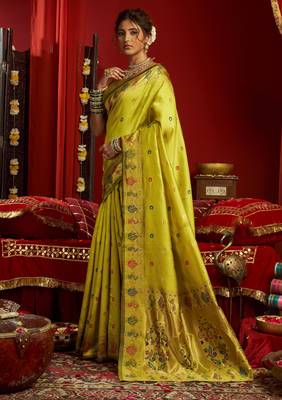 Lime green woven paithani silk saree with blouse 2