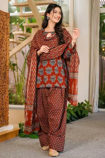 Rust color cambric cotton digital printed stylish kurta set