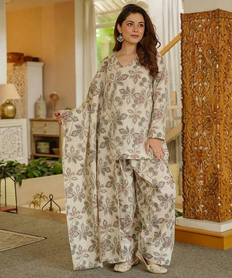 Cream color cambric cotton fabric designer digital printed stylish girlie kurta set