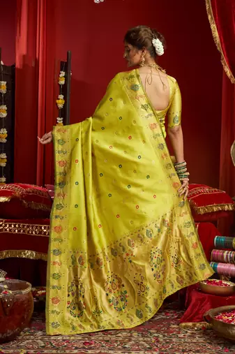 Lime green woven paithani silk saree with blouse
