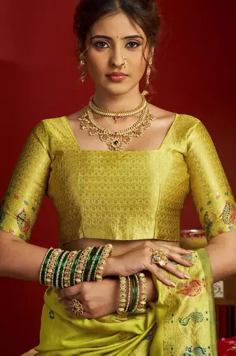 Lime green woven paithani silk saree with blouse