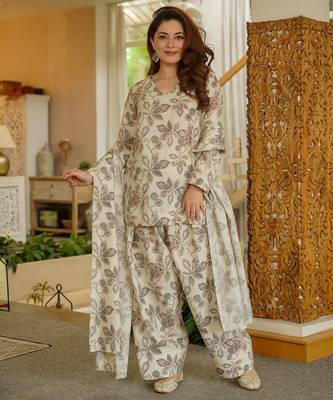 Cream color cambric cotton digital printed stylish kurta set 3