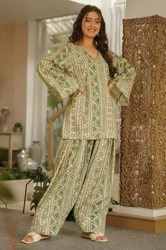 Green color cambric cotton fabric designer digital printed stylish girlie kurta set