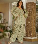 Green color cambric cotton fabric designer digital printed stylish girlie kurta set