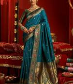 Teal blue woven paithani silk saree with blouse