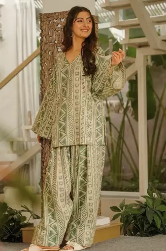 Green color cambric cotton digital printed stylish kurta set