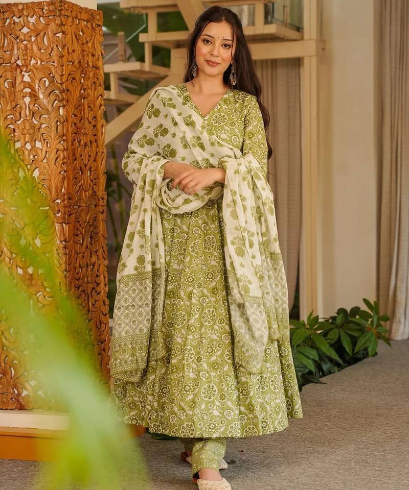 Pista color cotton silk fabric designer digital printed smart anarkali dress