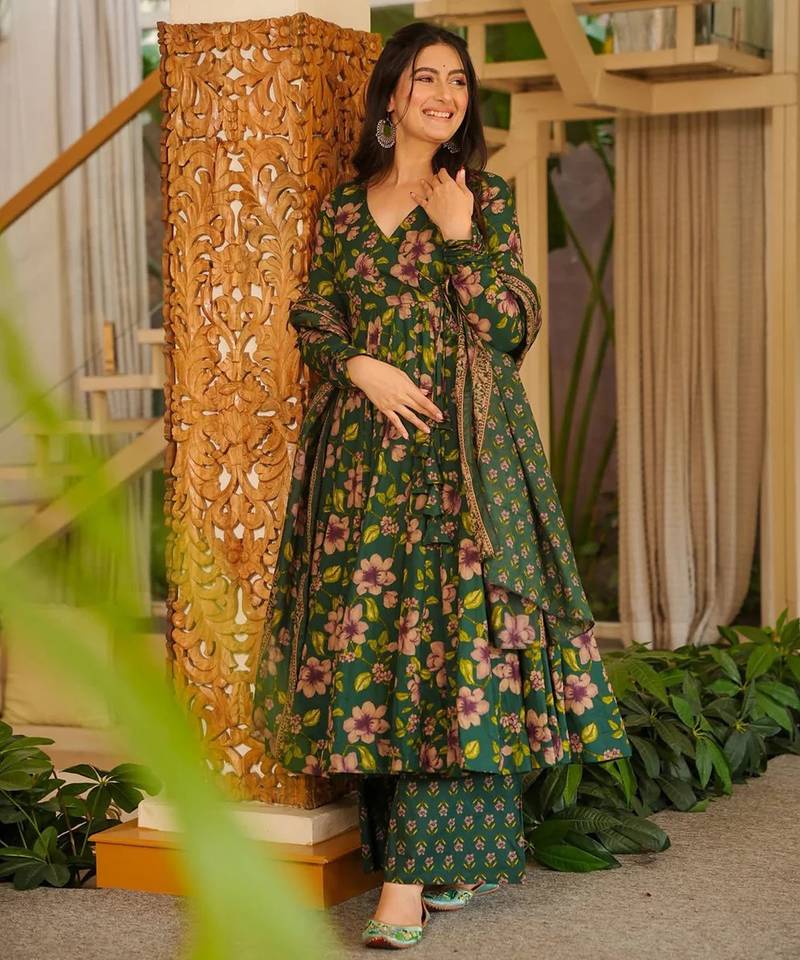 Green color cotton silk fabric designer digital printed smart anarkali dress