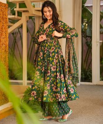Green color cotton silk digital printed smart anarkali dress 2
