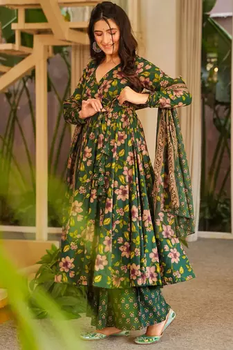 Green color cotton silk digital printed smart anarkali dress