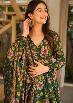 Green color cotton silk digital printed smart anarkali dress 3