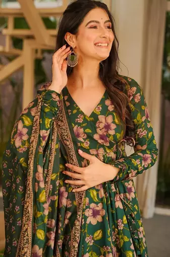 Green color cotton silk digital printed smart anarkali dress
