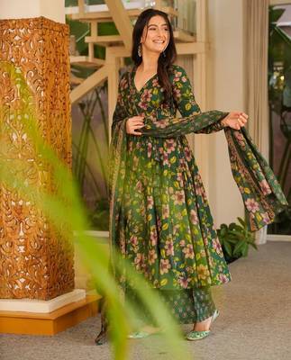 Green color cotton silk digital printed smart anarkali dress 4