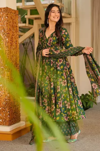 Green color cotton silk digital printed smart anarkali dress