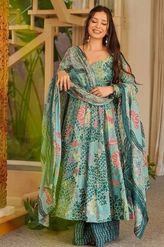 Blue color cotton silk fabric designer digital printed smart anarkali dress