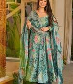 Blue color cotton silk fabric designer digital printed smart anarkali dress