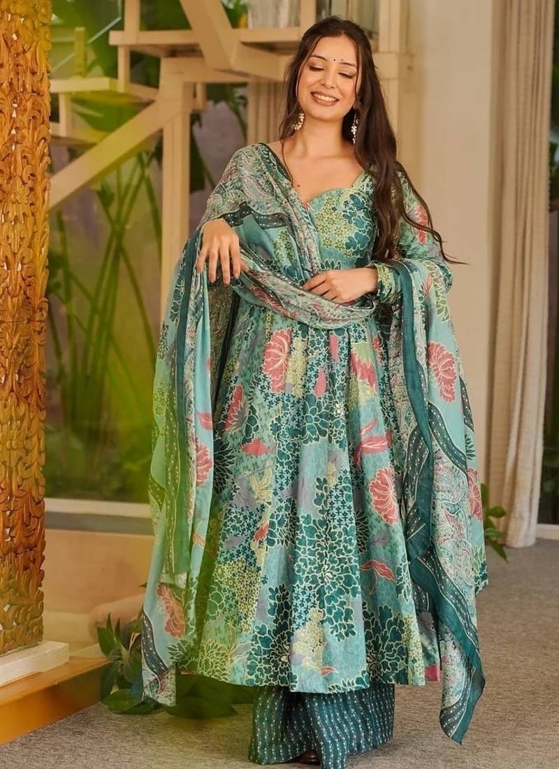 Blue color cotton silk fabric designer digital printed smart anarkali dress