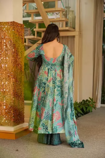 Blue color cotton silk digital printed smart anarkali dress