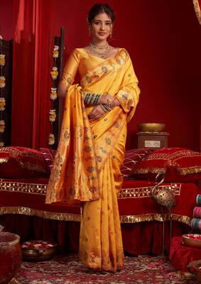 Yellow woven paithani silk saree with blouse 1