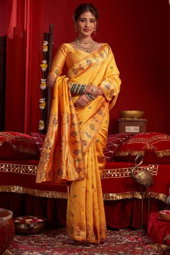 Yellow woven paithani silk saree with blouse