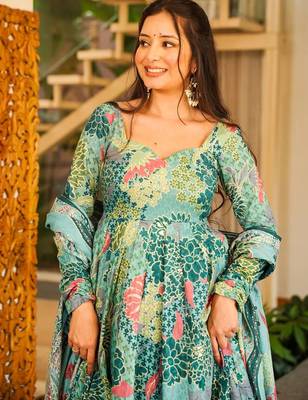 Blue color cotton silk digital printed smart anarkali dress 3