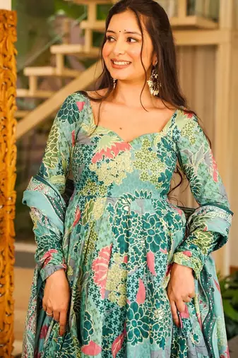 Blue color cotton silk digital printed smart anarkali dress