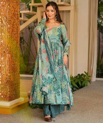 Blue color cotton silk digital printed smart anarkali dress 4