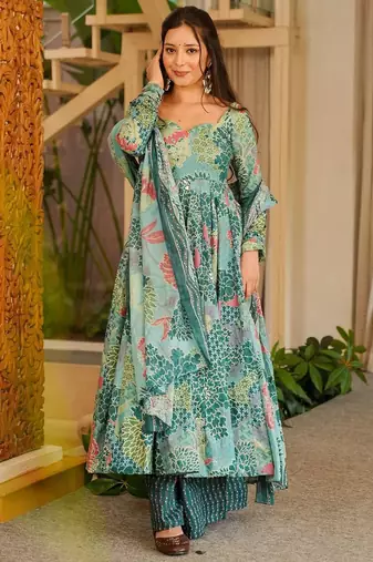 Blue color cotton silk digital printed smart anarkali dress